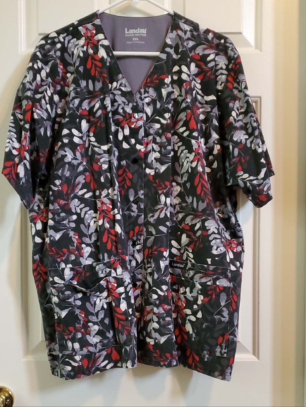Landau Women’s 3X Black Scrub Top with Red & Gray Leaf Print